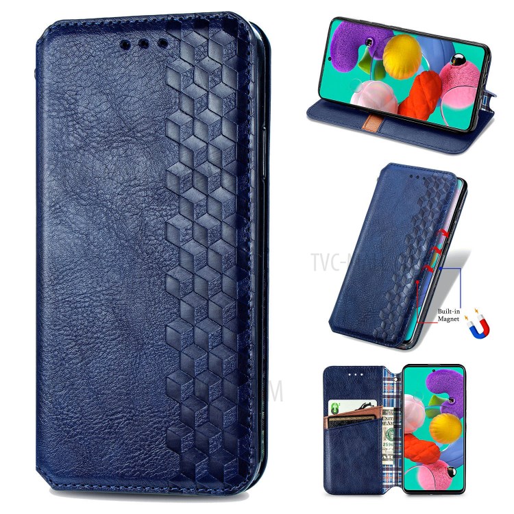 Fashionable Auto-absorbed Rhombus Texture PU Leather Wallet Phone Cover for Samsung Galaxy A71 5G SM-A716 - Blue-1