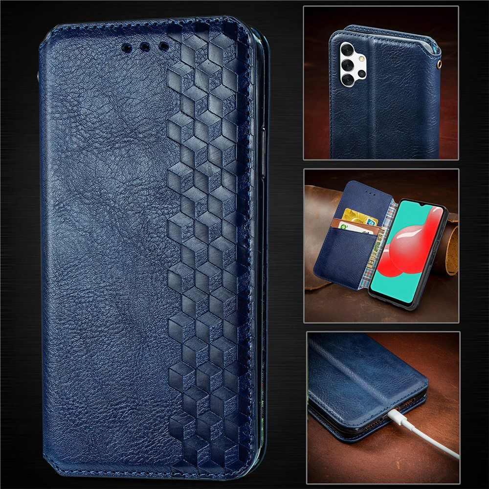 Fashionable Auto-absorbed Rhombus Texture PU Leather Wallet Phone Cover for Samsung Galaxy A32 5G - Blue-13