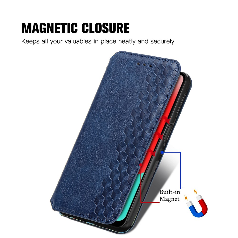 Fashionable Auto-absorbed Rhombus Texture PU Leather Wallet Phone Cover for Samsung Galaxy A32 5G - Blue-8