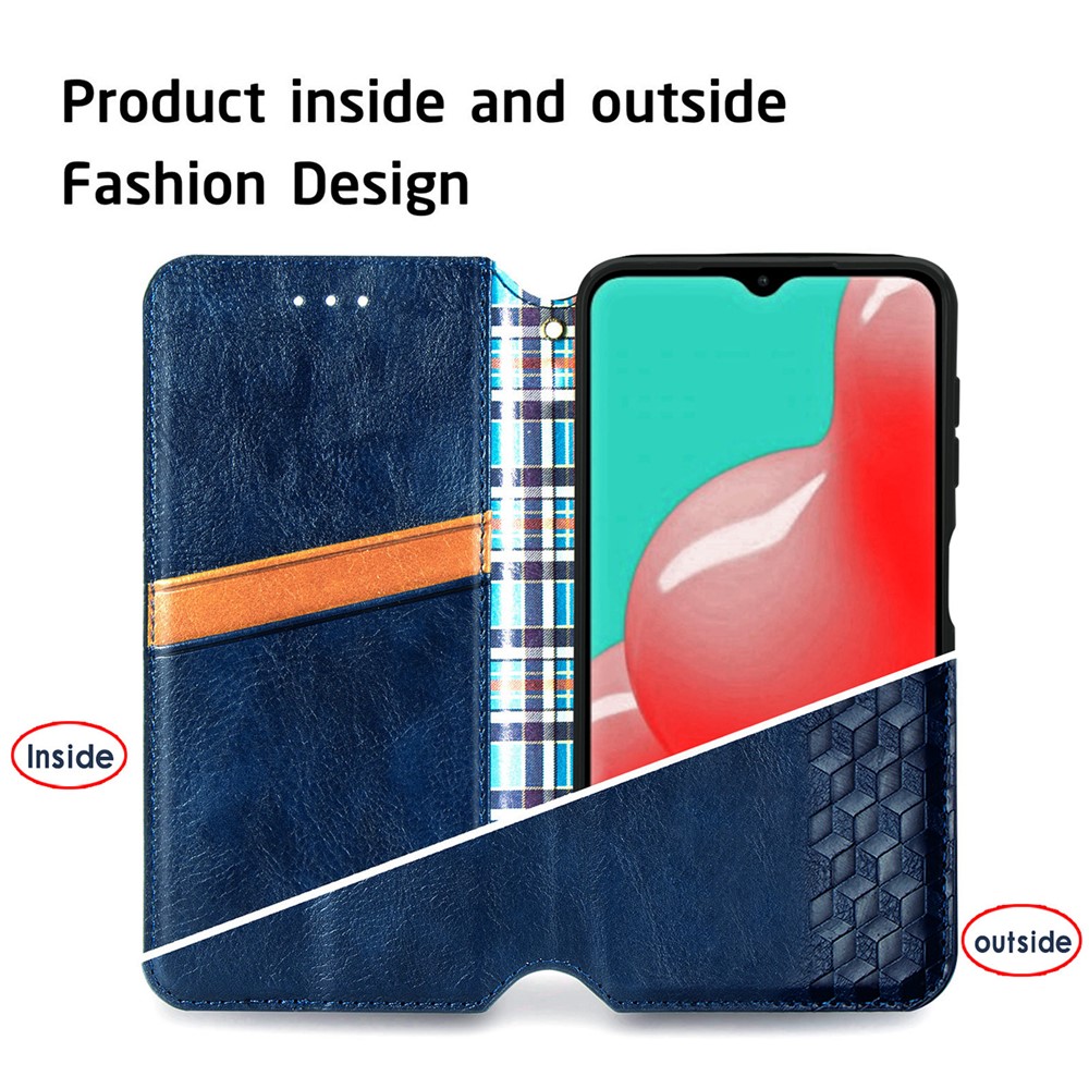 Fashionable Auto-absorbed Rhombus Texture PU Leather Wallet Phone Cover for Samsung Galaxy A32 5G - Blue-9