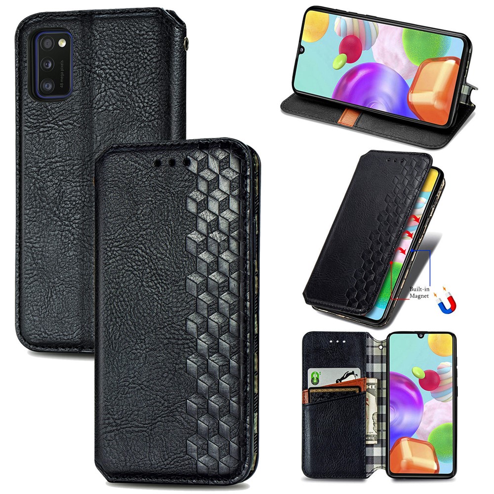 Automatic Suction Rhombus Design PU Leather Wallet Stand Case for Galaxy A41 (Global Version) - Black-1