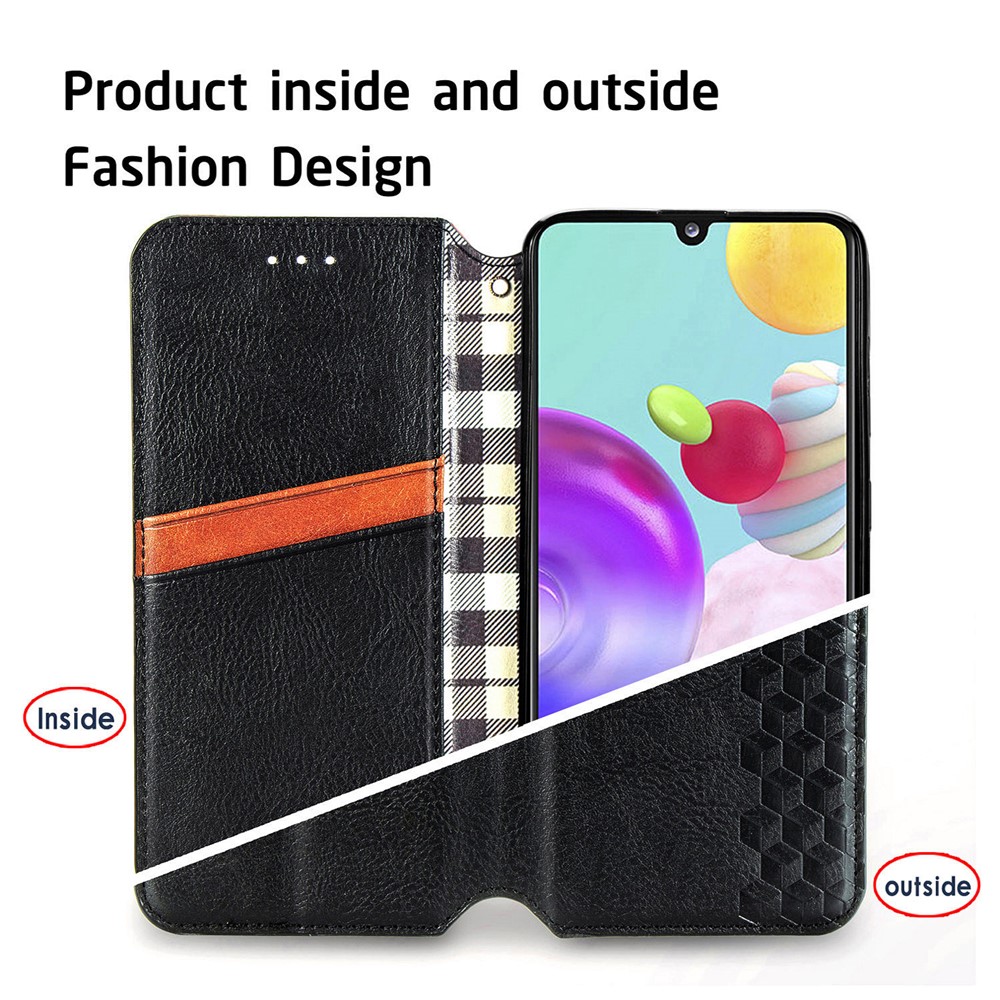 Automatic Suction Rhombus Design PU Leather Wallet Stand Case for Galaxy A41 (Global Version) - Black-11
