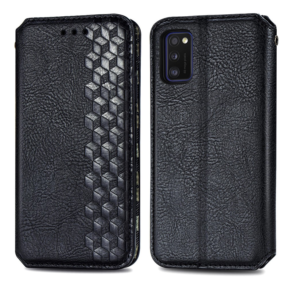 Automatic Suction Rhombus Design PU Leather Wallet Stand Case for Galaxy A41 (Global Version) - Black-2