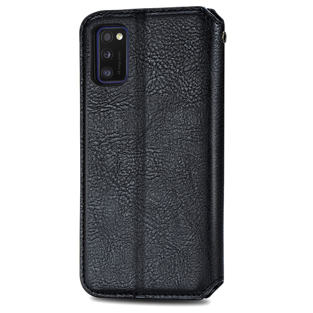 Automatic Suction Rhombus Design PU Leather Wallet Stand Case for Galaxy A41 (Global Version) - Black-4