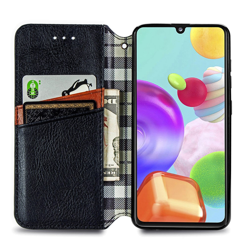 Automatic Suction Rhombus Design PU Leather Wallet Stand Case for Galaxy A41 (Global Version) - Black-5