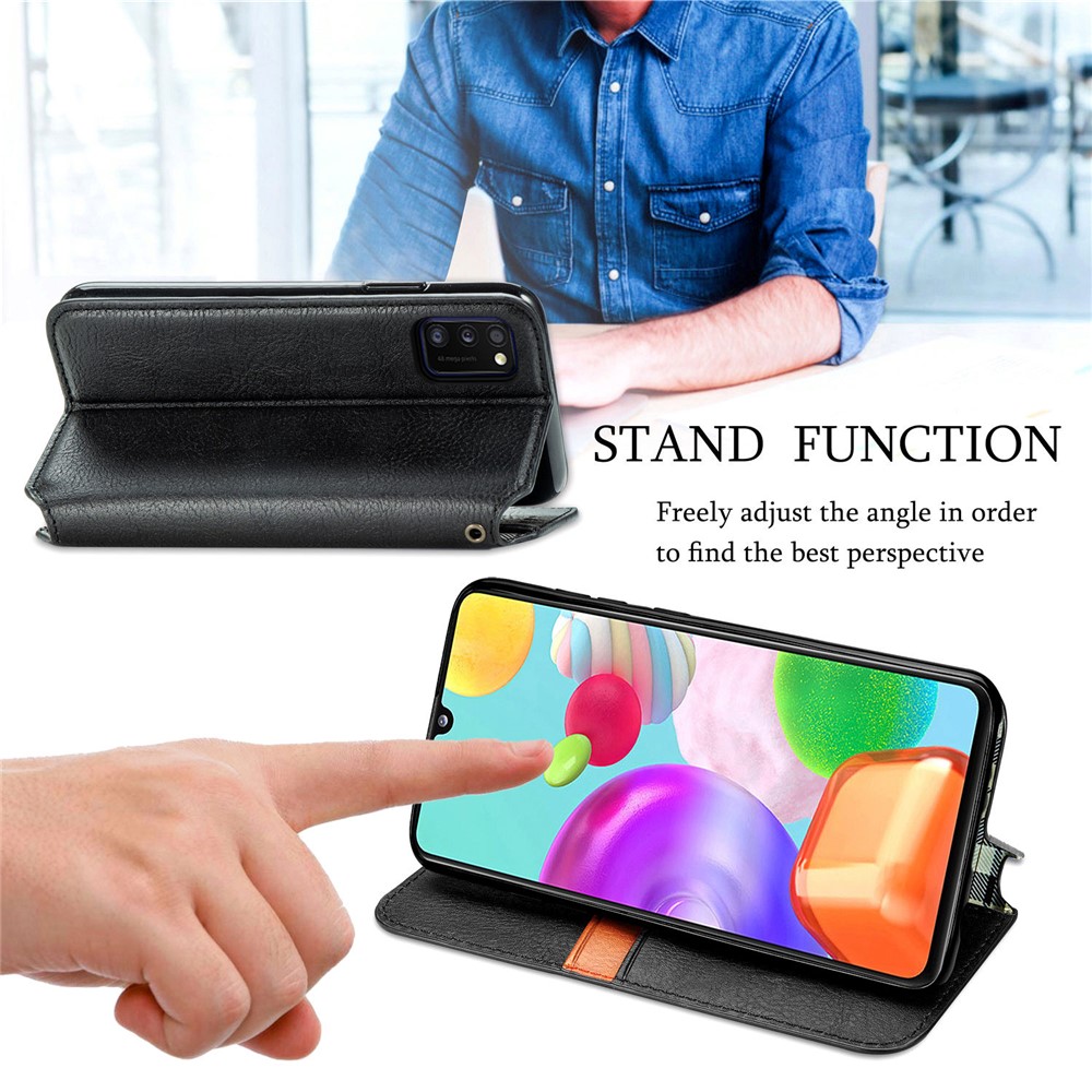 Automatic Suction Rhombus Design PU Leather Wallet Stand Case for Galaxy A41 (Global Version) - Black-8