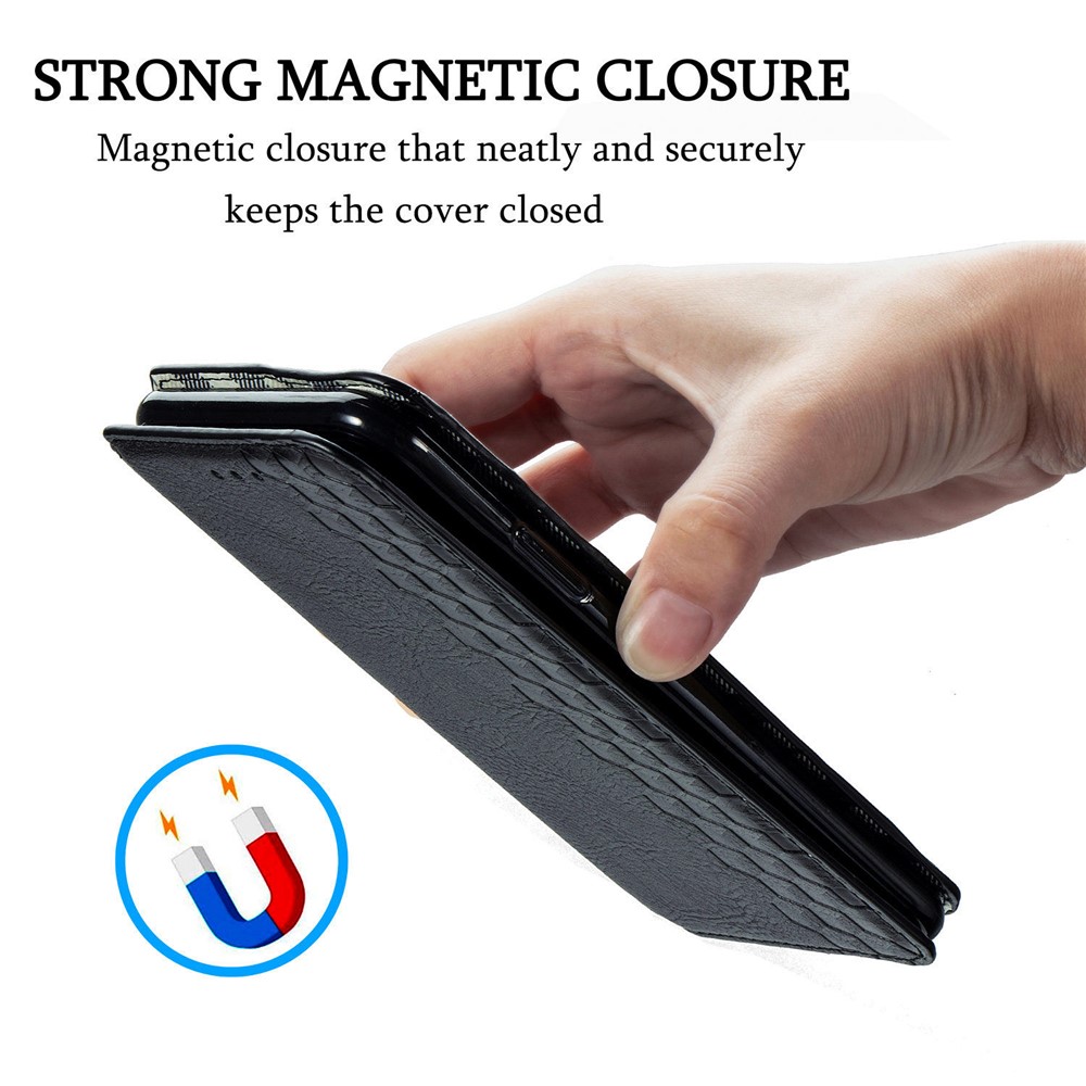 Automatic Suction Rhombus Design PU Leather Wallet Stand Case for Galaxy A41 (Global Version) - Black-9