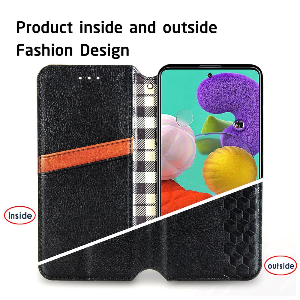 Geldbörse Stand Design Mode Rhombus Textur PU Leder Auto Absorbiert Fall Für Samsung Galaxy A51 4G SM-A515 - Schwarz-11