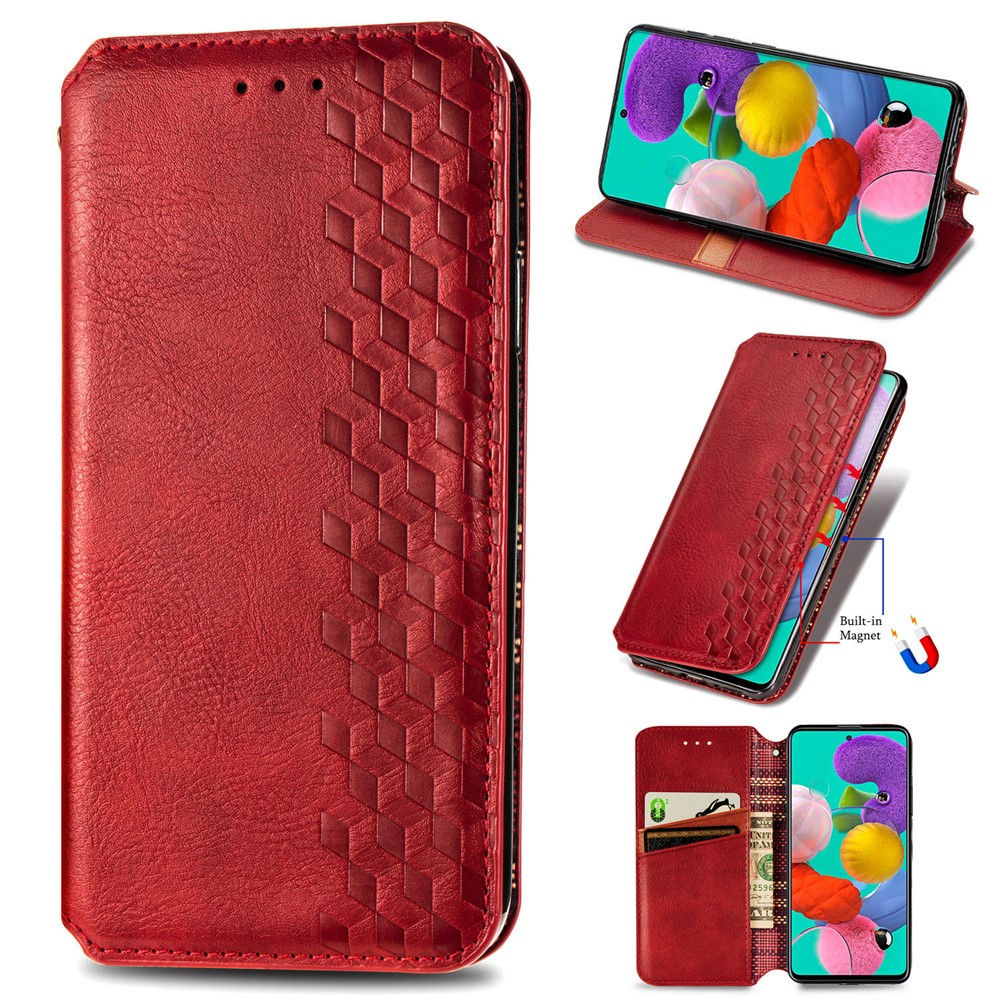 Wallet Stand Design Fashion Rhombus Texture PU Leather Auto-absorbed Case for Samsung Galaxy A51 4G SM-A515 - Red-1