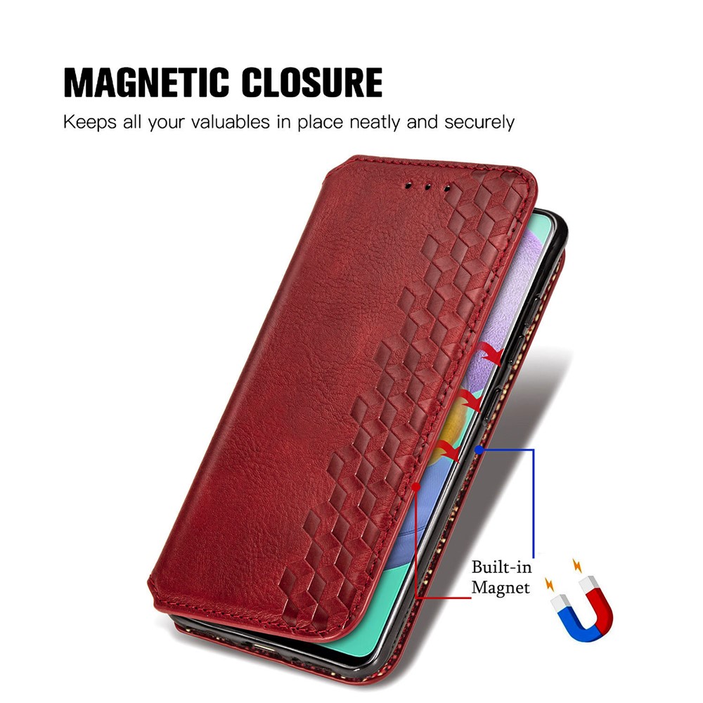 Wallet Stand Design Fashion Rhombus Texture PU Leather Auto-absorbed Case for Samsung Galaxy A51 4G SM-A515 - Red-10