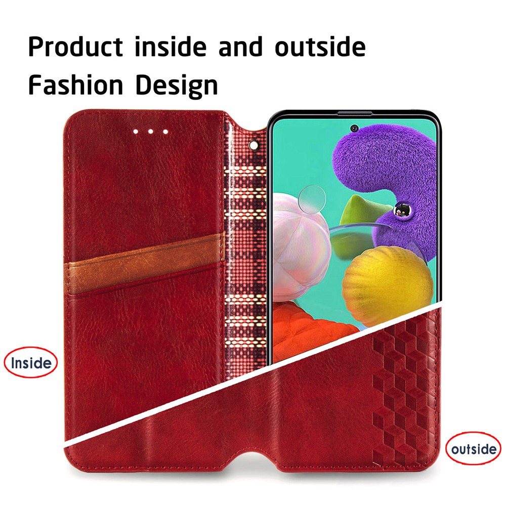 Wallet Stand Design Fashion Rhombus Texture PU Leather Auto-absorbed Case for Samsung Galaxy A51 4G SM-A515 - Red-11