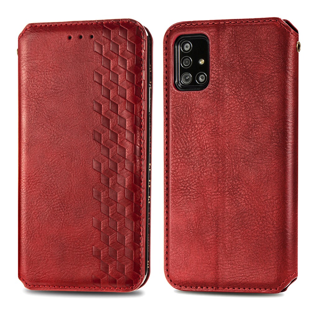 Wallet Stand Design Fashion Rhombus Texture PU Leather Auto-absorbed Case for Samsung Galaxy A51 4G SM-A515 - Red-2
