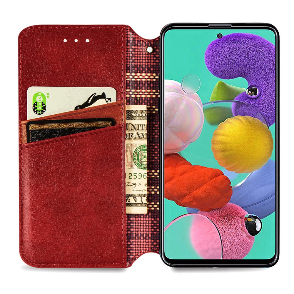 Wallet Stand Design Fashion Rhombus Texture PU Leather Auto-absorbed Case for Samsung Galaxy A51 4G SM-A515 - Red-5