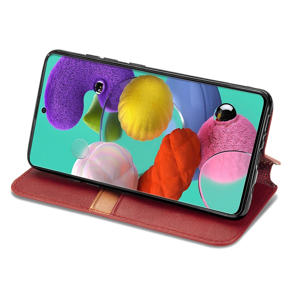 Wallet Stand Design Fashion Rhombus Texture PU Leather Auto-absorbed Case for Samsung Galaxy A51 4G SM-A515 - Red-6