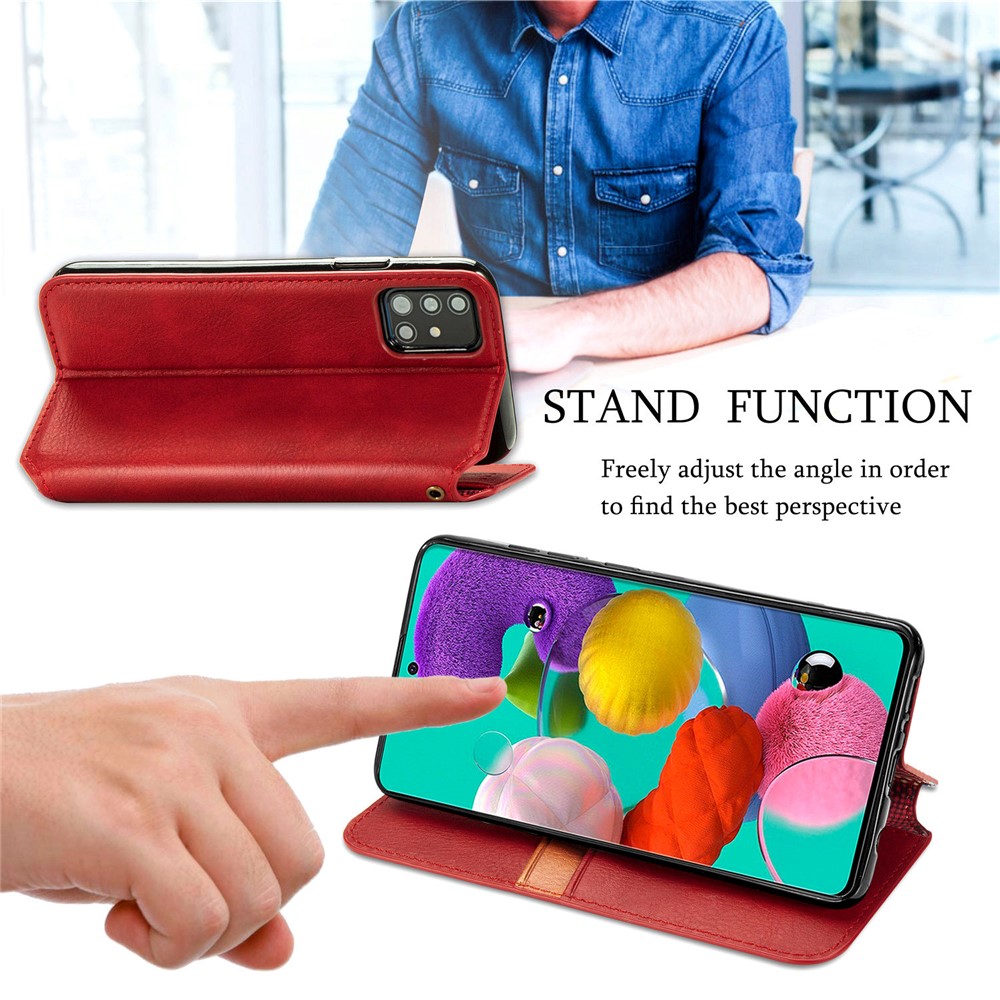 Wallet Stand Design Fashion Rhombus Texture PU Leather Auto-absorbed Case for Samsung Galaxy A51 4G SM-A515 - Red-8