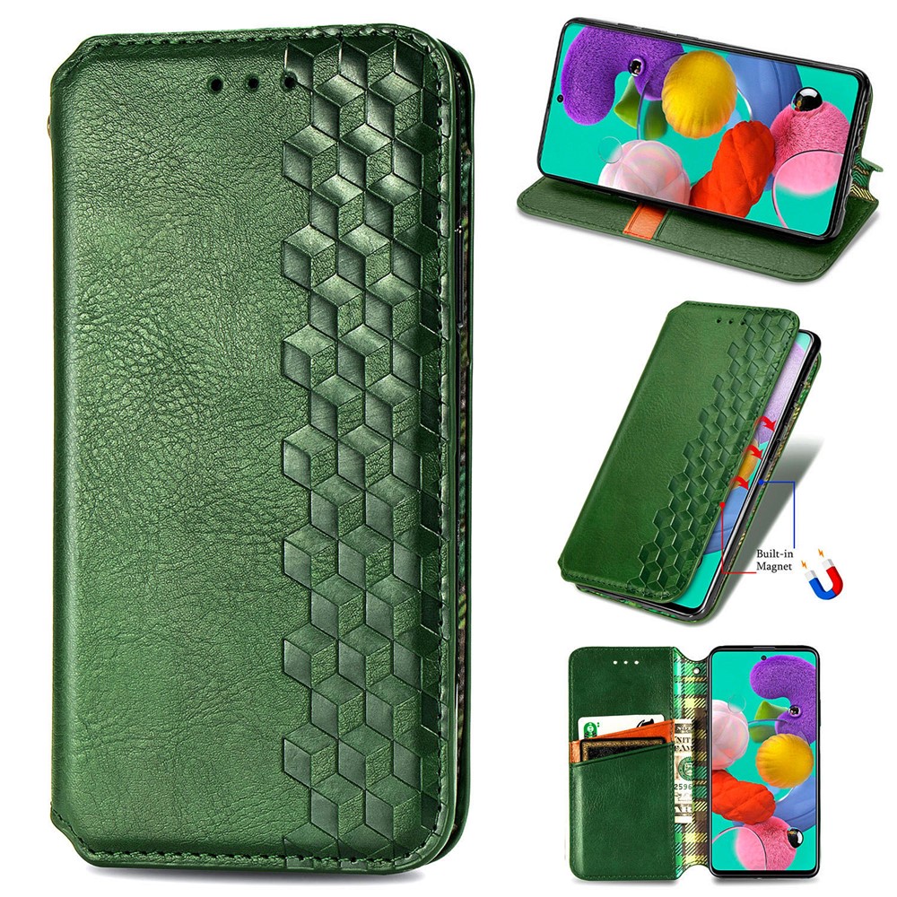 Wallet Stand Design Fashion Rhombus Texture PU Leather Auto-absorbed Case for Samsung Galaxy A51 4G SM-A515 - Green-1