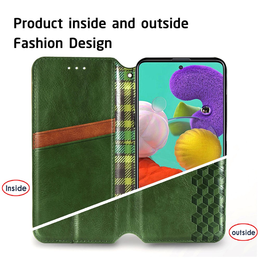 Wallet Stand Design Fashion Rhombus Texture PU Leather Auto-absorbed Case for Samsung Galaxy A51 4G SM-A515 - Green-11