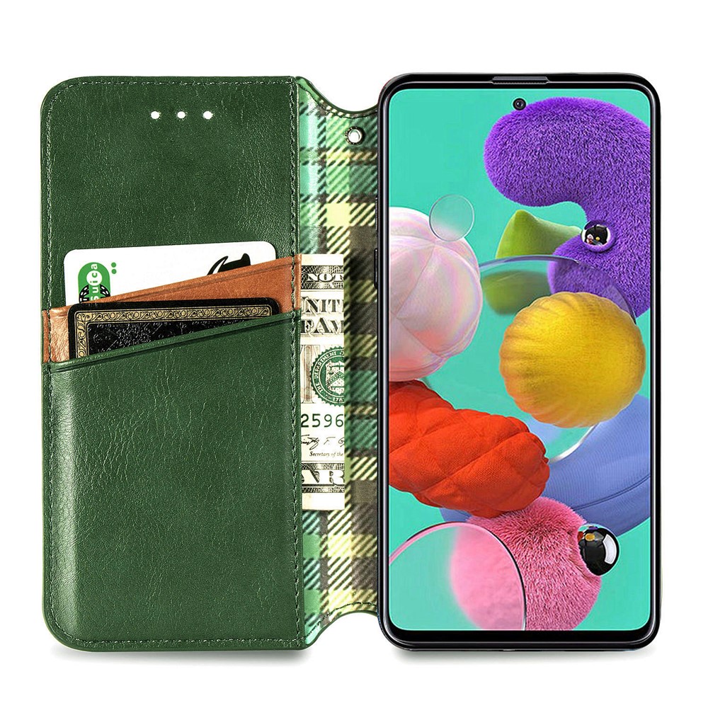 Wallet Stand Design Fashion Rhombus Texture PU Leather Auto-absorbed Case for Samsung Galaxy A51 4G SM-A515 - Green-5