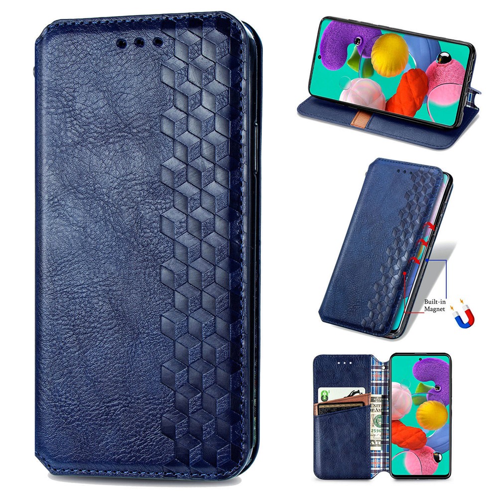 Wallet Stand Design Fashion Rhombus Texture PU Leather Auto-absorbed Case for Samsung Galaxy A51 4G SM-A515 - Blue-1