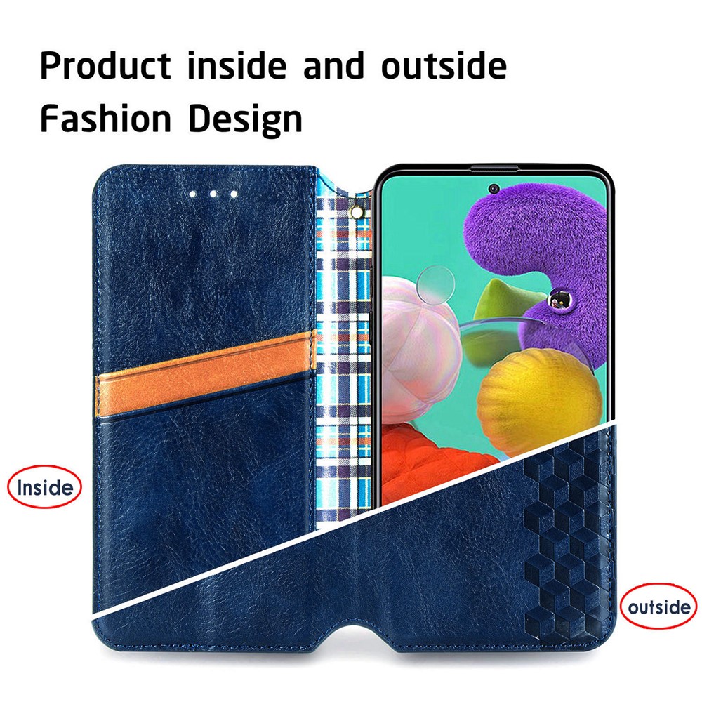 Wallet Stand Design Fashion Rhombus Texture PU Leather Auto-absorbed Case for Samsung Galaxy A51 4G SM-A515 - Blue-11