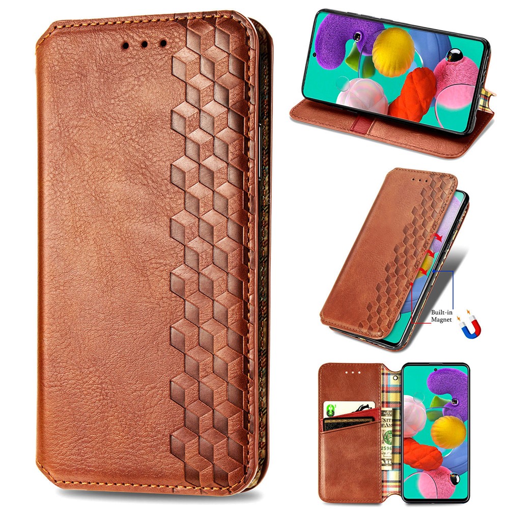 Wallet Stand Design Fashion Rhombus Texture PU Leather Auto-absorbed Case for Samsung Galaxy A51 4G SM-A515 - Brown-1