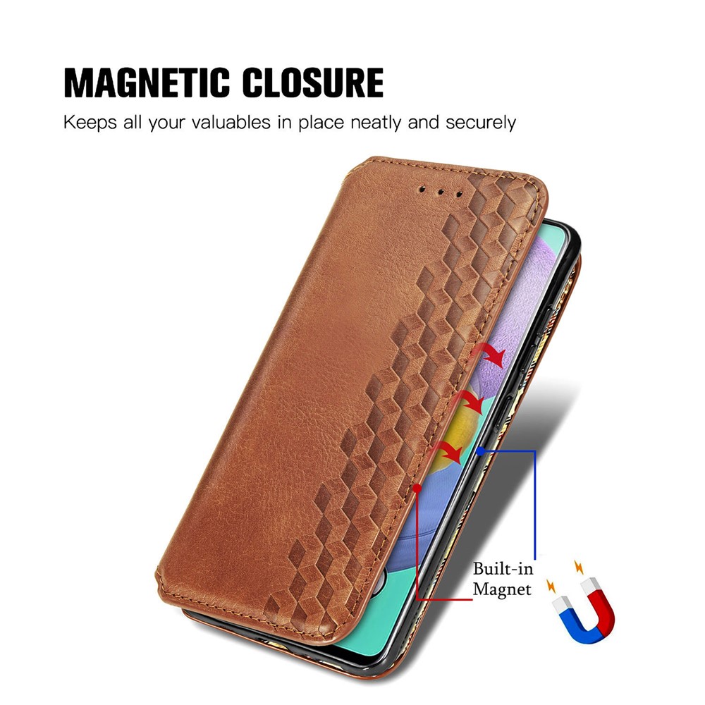 Wallet Stand Design Fashion Rhombus Texture PU Leather Auto-absorbed Case for Samsung Galaxy A51 4G SM-A515 - Brown-10