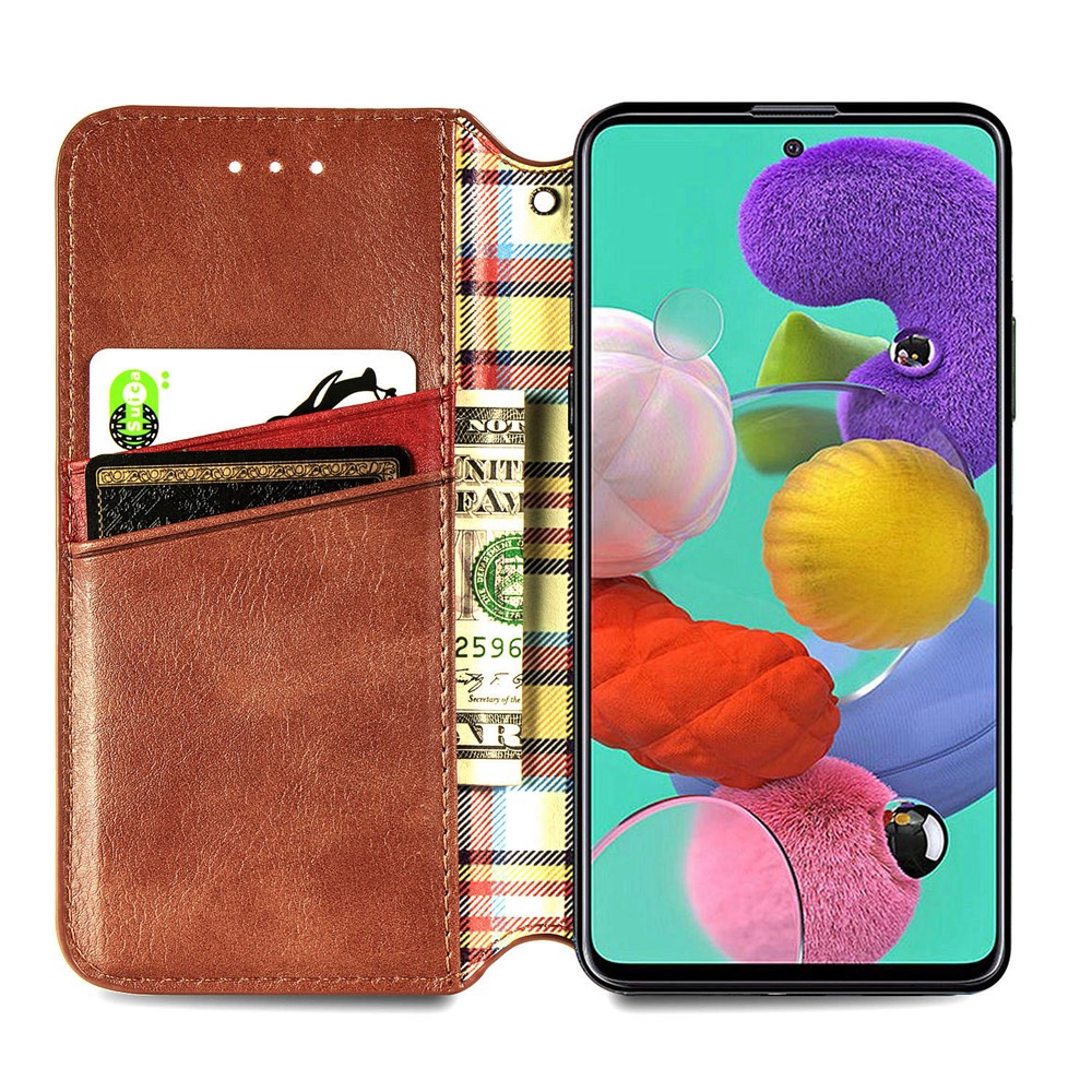 Wallet Stand Design Fashion Rhombus Texture PU Leather Auto-absorbed Case for Samsung Galaxy A51 4G SM-A515 - Brown-5