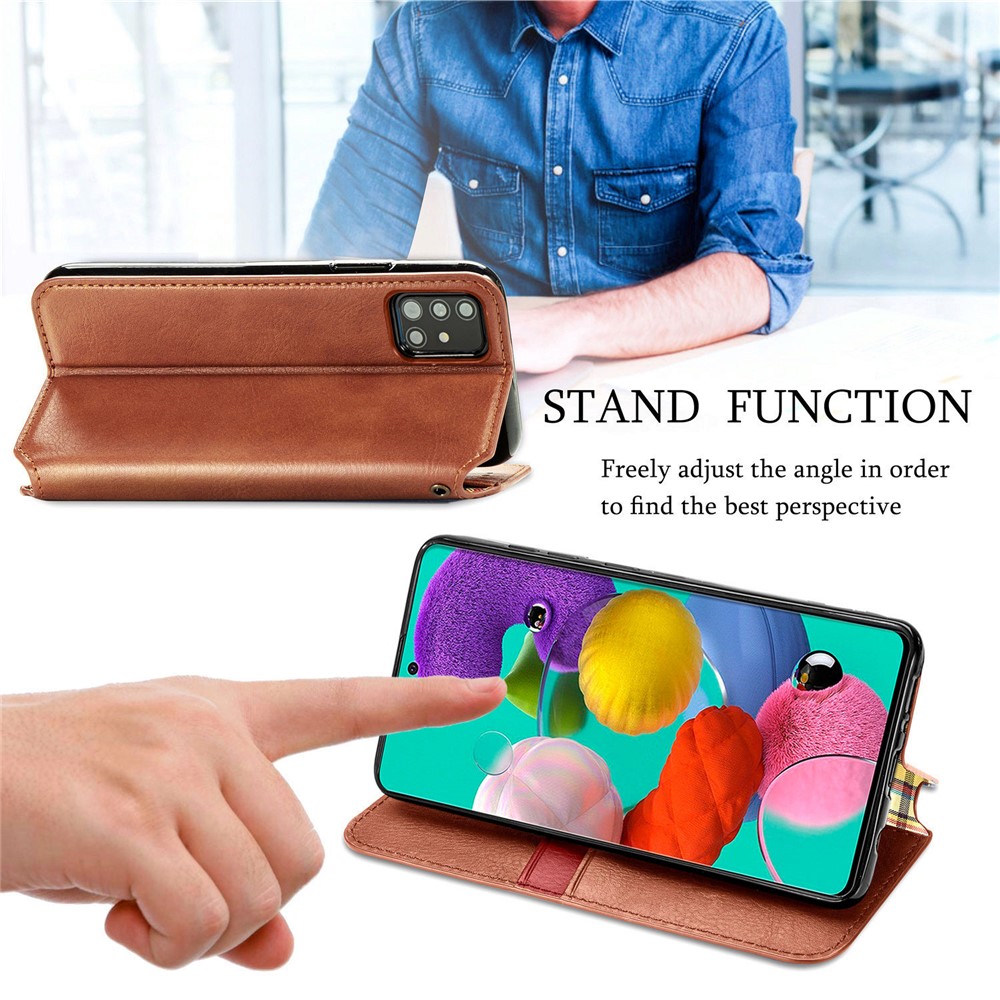 Wallet Stand Design Fashion Rhombus Texture PU Leather Auto-absorbed Case for Samsung Galaxy A51 4G SM-A515 - Brown-8