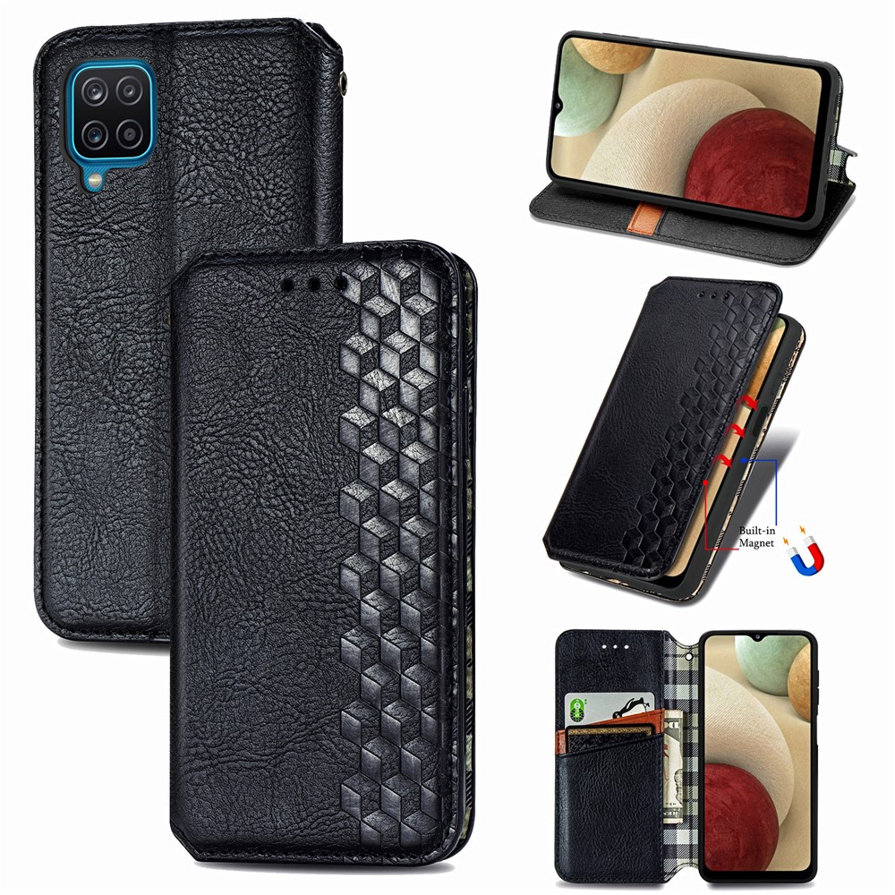 Auto-absorbed Fashion Rhombus Texture PU Leather Wallet Stand Case for Samsung Galaxy A12 - Black-1