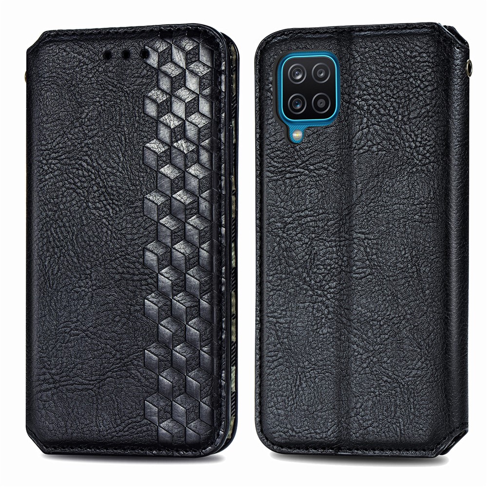 Auto Absorbierte Mode Rhombus Textur PU Leder Brieftasche Stand Fall Für Samsung Galaxy A12 - Schwarz-2