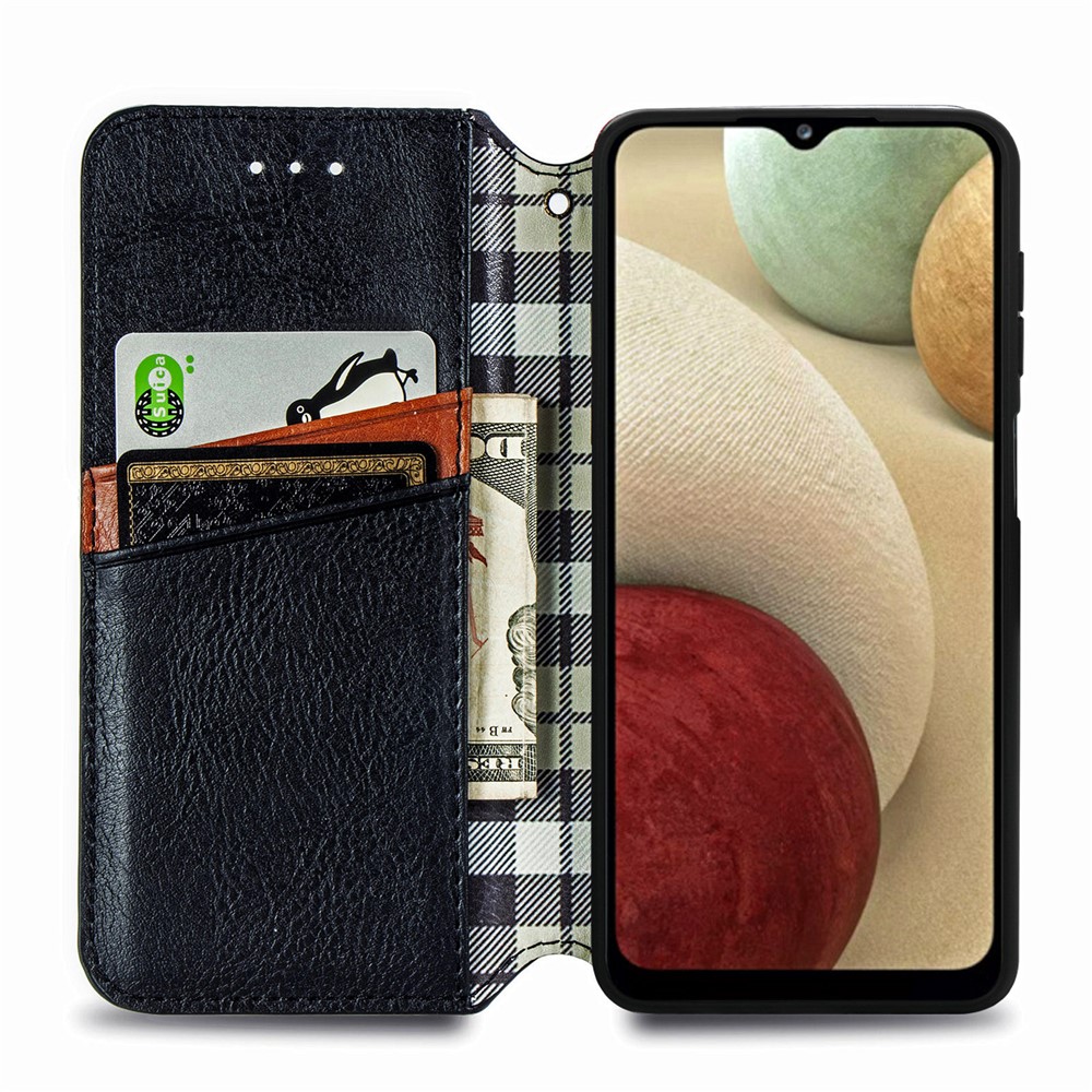 Auto-absorbed Fashion Rhombus Texture PU Leather Wallet Stand Case for Samsung Galaxy A12 - Black-3