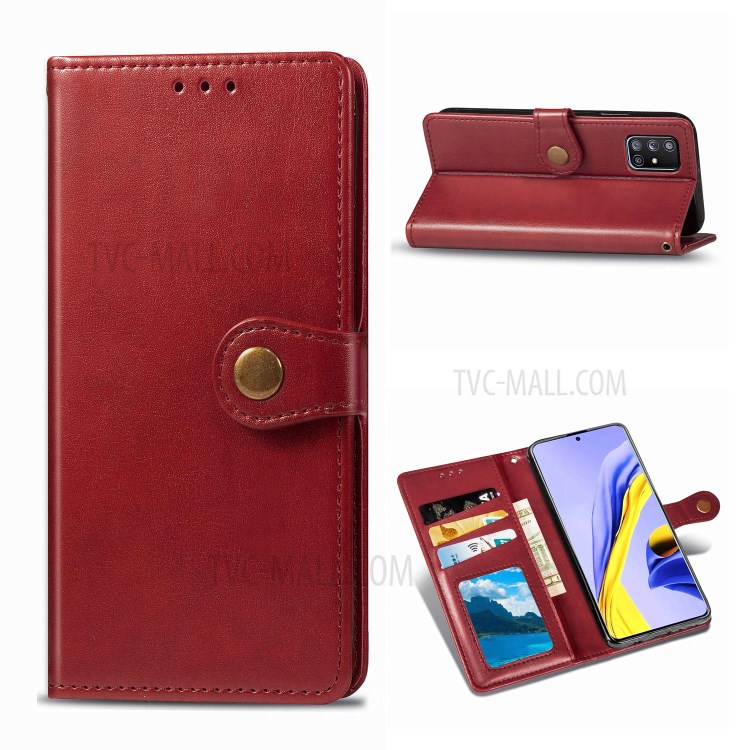 Plain Leather Phone Case Shell with Wallet Stand Design for Samsung Galaxy A71 5G SM-A716 - Red-1