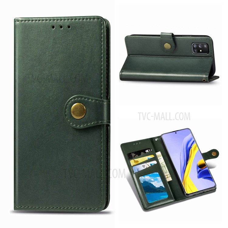Plain Leather Phone Case Shell with Wallet Stand Design for Samsung Galaxy A71 5G SM-A716 - Blackish Green-1