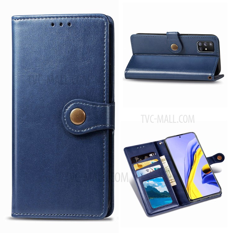 Plain Leather Phone Case Shell with Wallet Stand Design for Samsung Galaxy A71 5G SM-A716 - Dark Blue-1