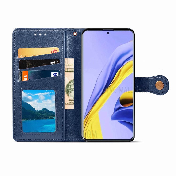 Plain Leather Phone Case Shell with Wallet Stand Design for Samsung Galaxy A71 5G SM-A716 - Dark Blue-4