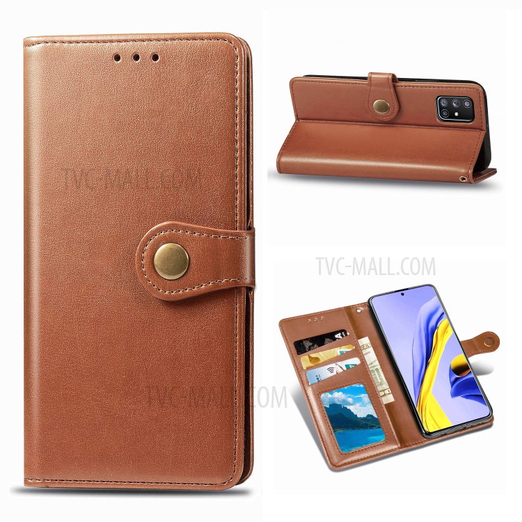 Plain Leather Phone Case Shell with Wallet Stand Design for Samsung Galaxy A71 5G SM-A716 - Light Brown-1