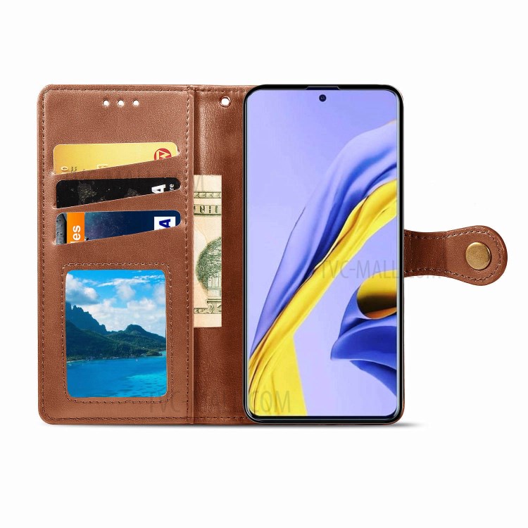 Plain Leather Phone Case Shell with Wallet Stand Design for Samsung Galaxy A71 5G SM-A716 - Light Brown-4