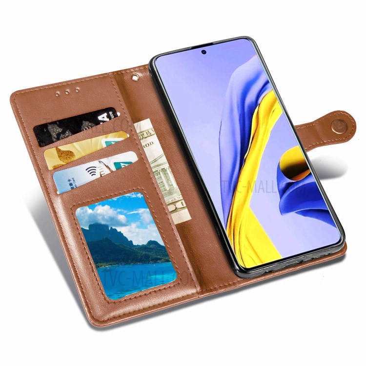 Plain Leather Phone Case Shell with Wallet Stand Design for Samsung Galaxy A71 5G SM-A716 - Light Brown-7