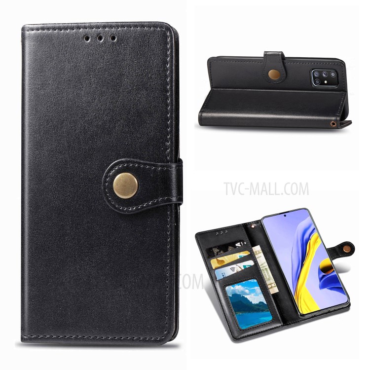 Solid Color Leather Phone Case Shell with Wallet Stand Design for Samsung Galaxy A51 5G SM-A516 - Black-1