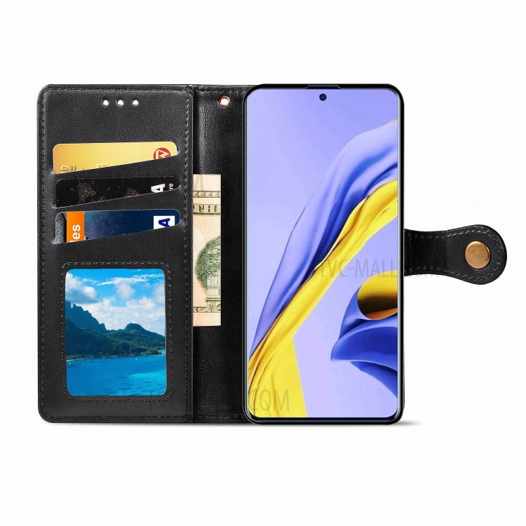 Solid Color Leather Phone Case Shell with Wallet Stand Design for Samsung Galaxy A51 5G SM-A516 - Black-4