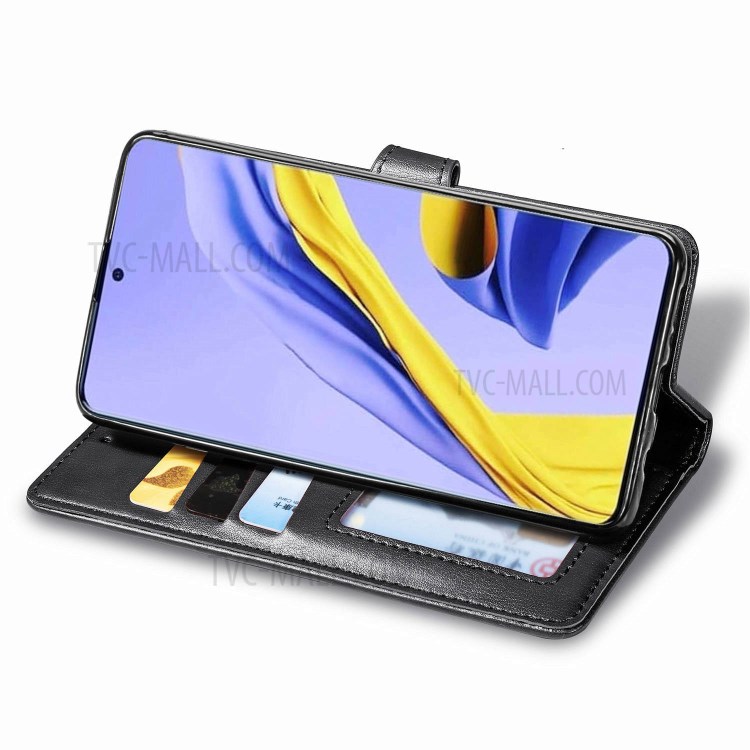 Solid Color Leather Phone Case Shell with Wallet Stand Design for Samsung Galaxy A51 5G SM-A516 - Black-5