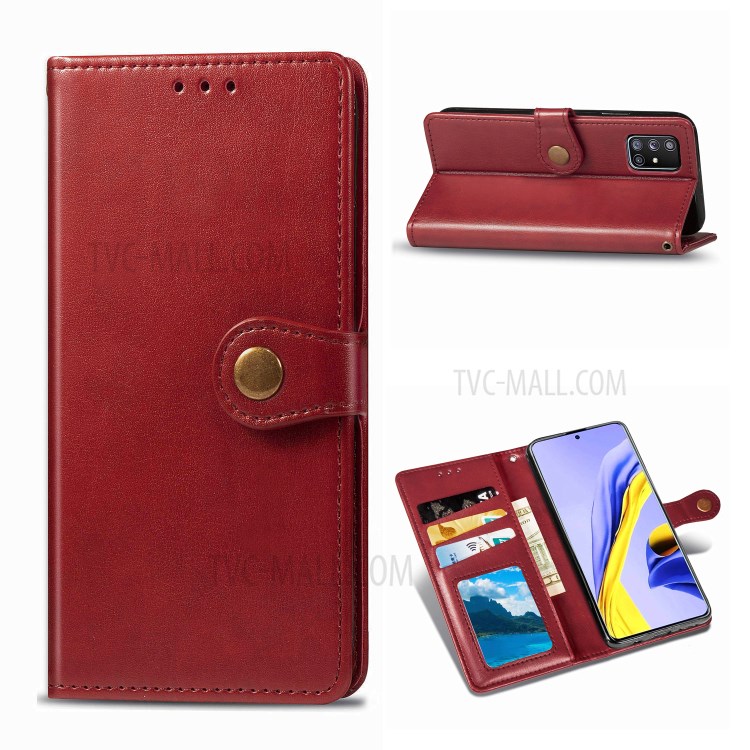 Solid Color Leather Phone Case Shell with Wallet Stand Design for Samsung Galaxy A51 5G SM-A516 - Red-1