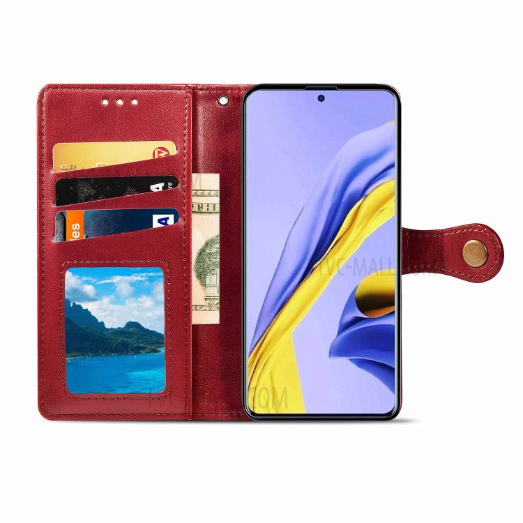 Solid Color Leather Phone Case Shell with Wallet Stand Design for Samsung Galaxy A51 5G SM-A516 - Red-4