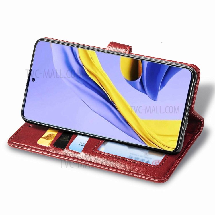 Solid Color Leather Phone Case Shell with Wallet Stand Design for Samsung Galaxy A51 5G SM-A516 - Red-5
