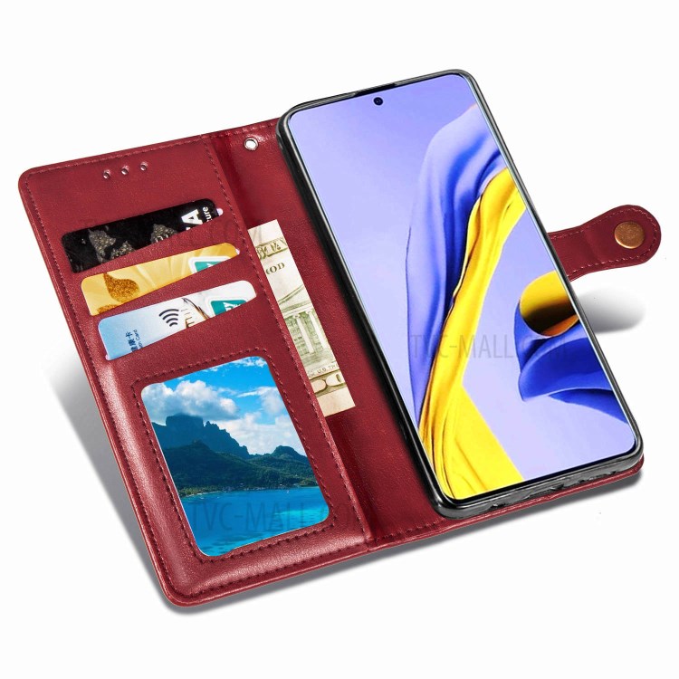 Solid Color Leather Phone Case Shell with Wallet Stand Design for Samsung Galaxy A51 5G SM-A516 - Red-7