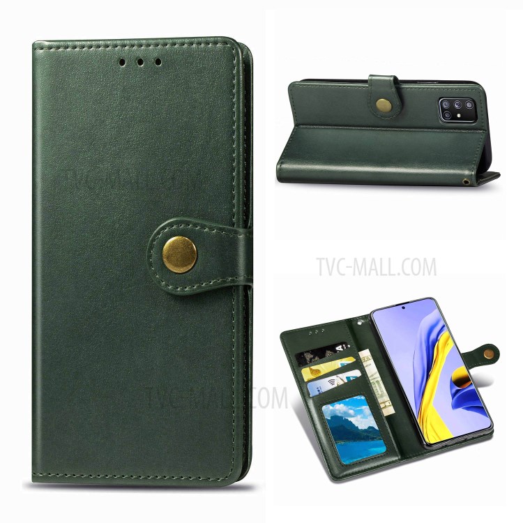 Solid Color Leather Phone Case Shell with Wallet Stand Design for Samsung Galaxy A51 5G SM-A516 - Blackish Green-1