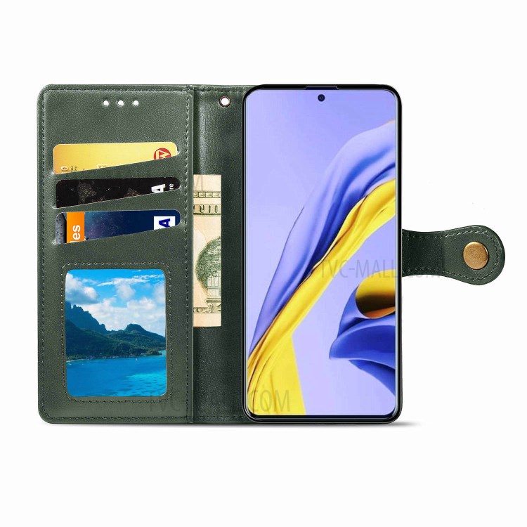 Solid Color Leather Phone Case Shell with Wallet Stand Design for Samsung Galaxy A51 5G SM-A516 - Blackish Green-4