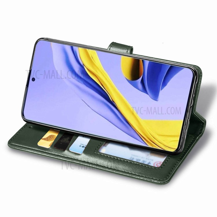 Solid Color Leather Phone Case Shell with Wallet Stand Design for Samsung Galaxy A51 5G SM-A516 - Blackish Green-5