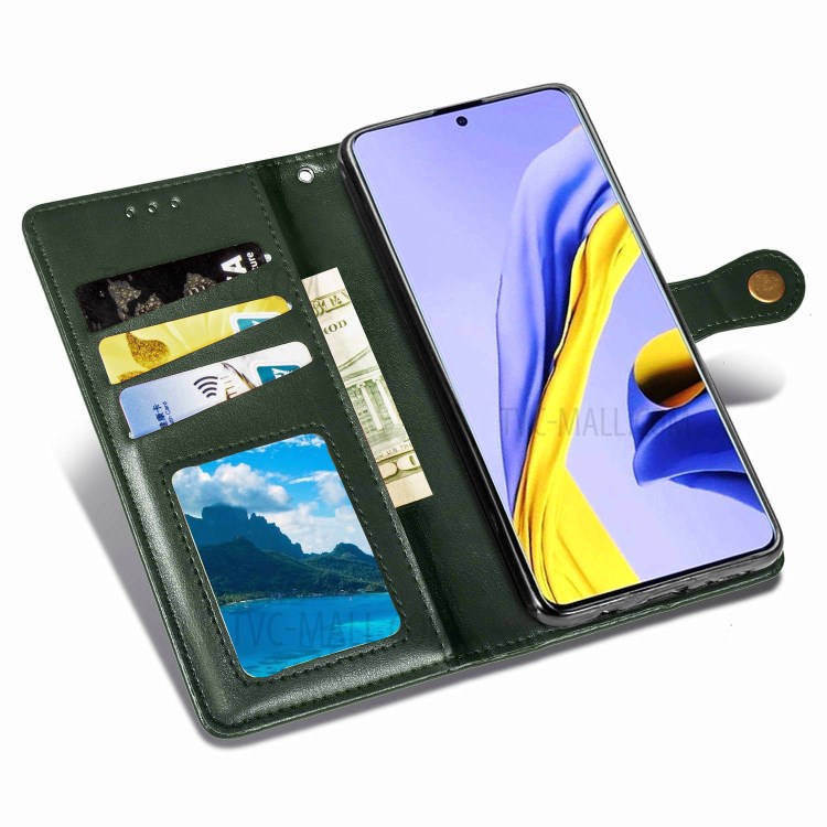 Solid Color Leather Phone Case Shell with Wallet Stand Design for Samsung Galaxy A51 5G SM-A516 - Blackish Green-7