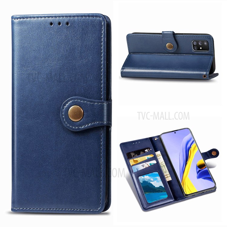 Solid Color Leather Phone Case Shell with Wallet Stand Design for Samsung Galaxy A51 5G SM-A516 - Dark Blue-1